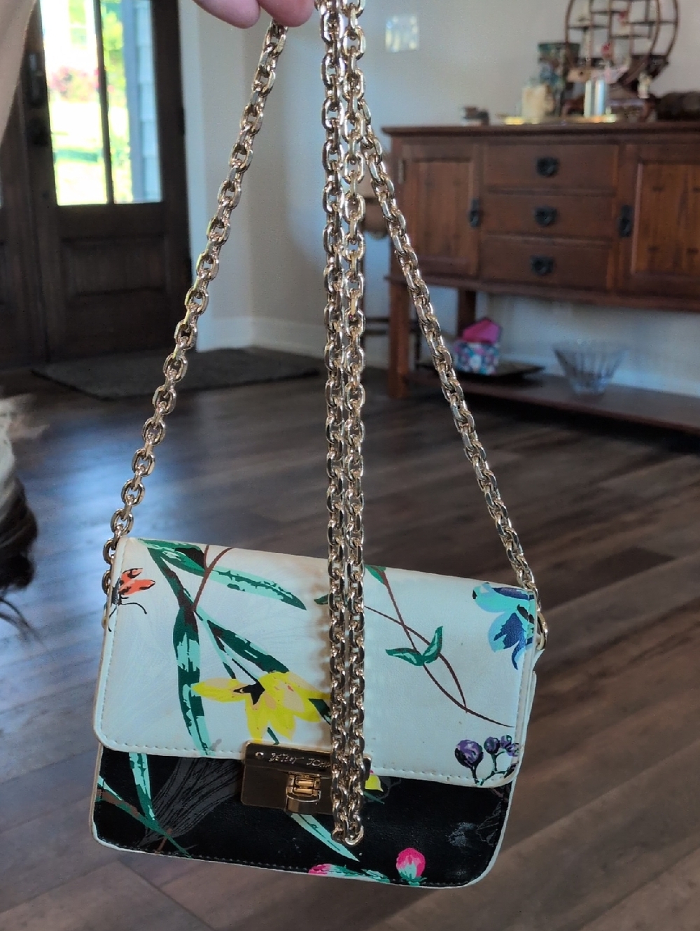 Betsey Johnson Floral Split Panel Crossbody Bag Lily Pattern Gold Hardware